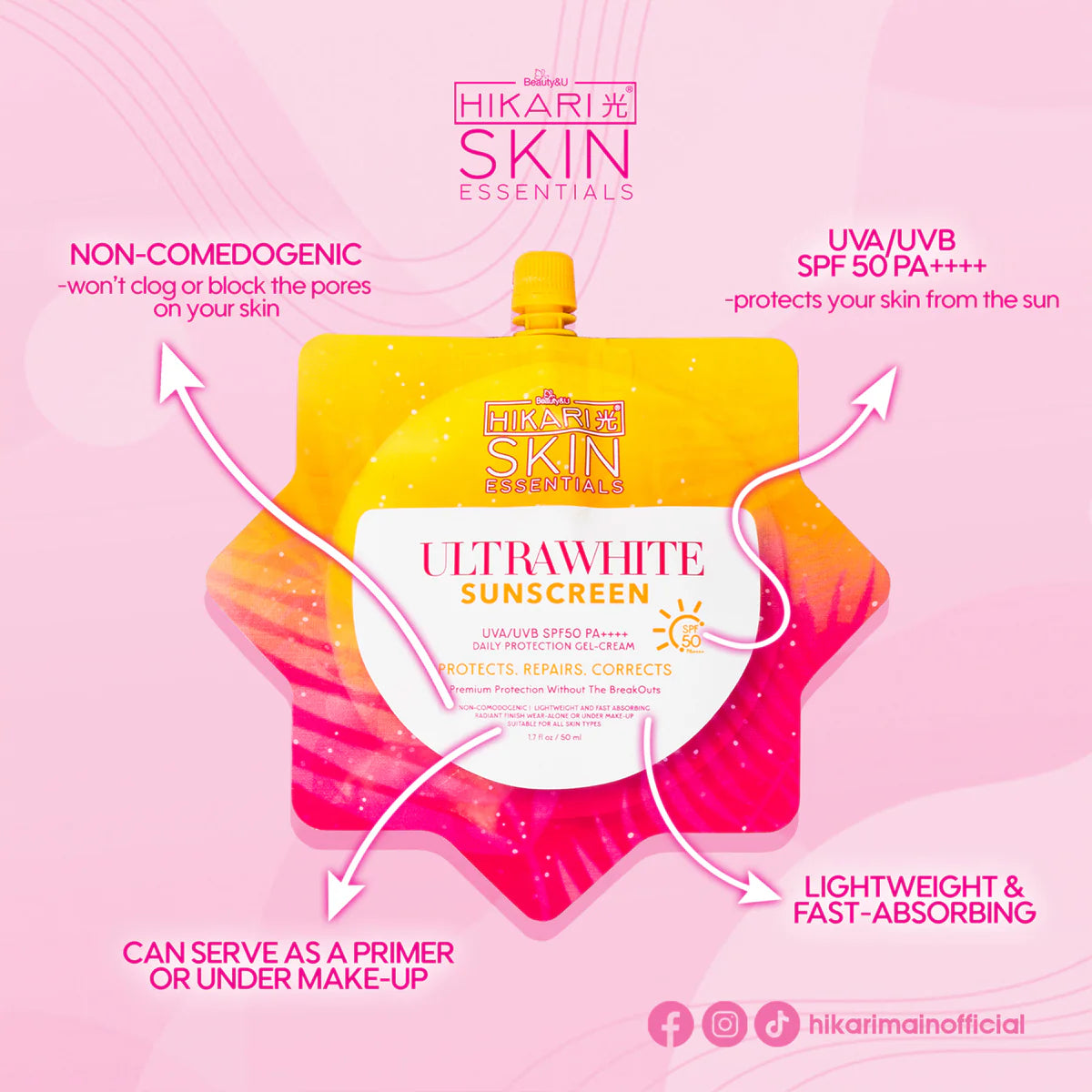 Beauty&U Hikari Skin Essentials Ultrawhite Sunscreen SPF50 PA++++ 50ml
