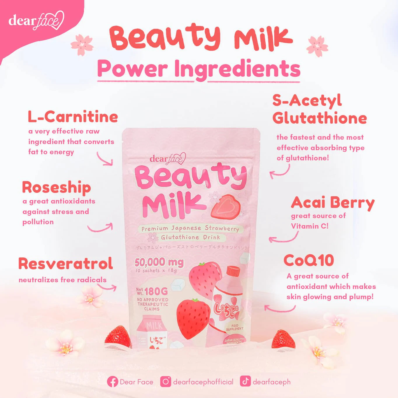 Dear Face Beauty Milk Strawberry Glutathione Drink